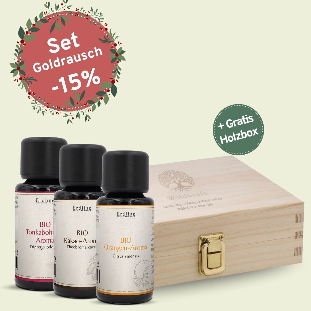 Set: BIO Aromen Goldrausch - Kakao + Tonka + Orange + gratis Holzbox - 3x10ml